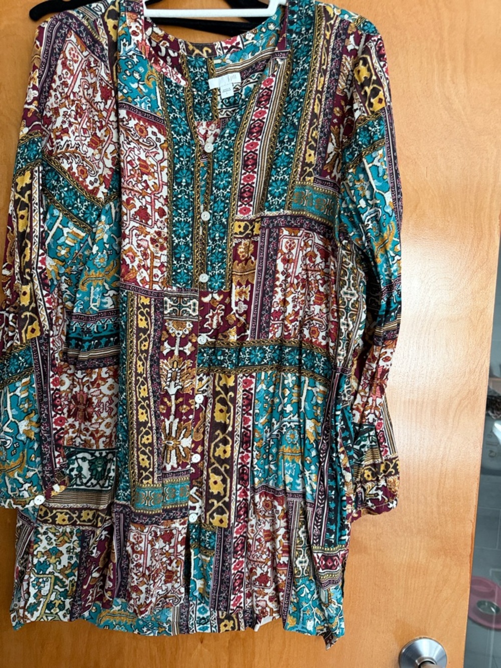 J. Jill Teal, Burgundy, Mustard & Ivory Patchwork Button Tunic